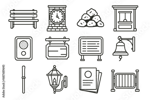 Retro Station Icons. Line style icons of retro station elements: train platform bench, clock tower face, coal stack icon, ticket