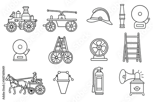 Vintage Fire Icons. Line style icons of vintage fire transport: red steam fire engine, manual water pump wagon, fire brigade