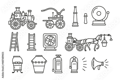 Vintage Fire Icons. Line style icons of vintage fire transport: red steam fire engine, manual water pump wagon, fire brigade