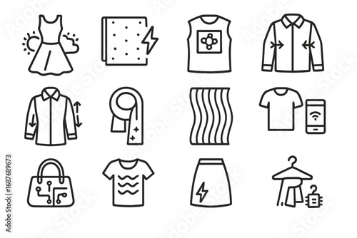 Innovative Fashion Icons. Line style icons of fashion innovation textiles: color-changing dress, LED embedded fabric, reactive