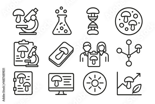 Fungi Research Icons. Line style icons of fungi science and research: microscope mushroom, lab beaker with spores, fungi DNA