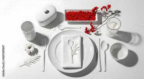 Elegant white table setting with decorative red berries and minimalist dishware for sophisticated dining experience perfect for holiday or special occasion events