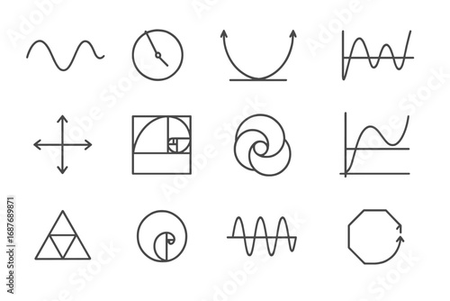 Kinetic Art Icons. Line style icons of mathematical motion in kinetic art: sine wave path, geometric rotor, parabola arc,