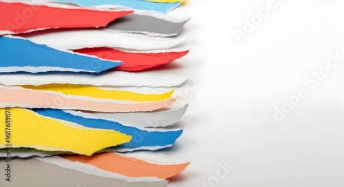 Colorful stack of torn paper sheets in various vibrant shades arranged neatly on a white background for creative design projects and office use