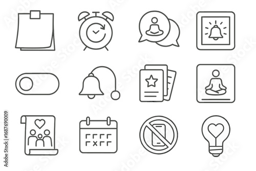 Digital Boundary Icons. Line style icons of digital boundary reminders: tech limit post-it, reset alarm icon, peer detox chat,