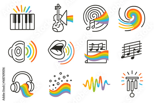 Sound-to-Color Synesthesia Icons. Line style icons of sound-to-color synesthesia: piano keys with color burst, violin note with