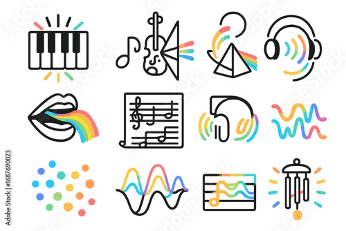 Sound-to-Color Synesthesia Icons. Line style icons of sound-to-color synesthesia: piano keys with color burst, violin note with