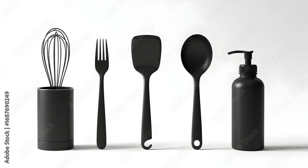 Fototapeta premium Modern black kitchen utensils and soap dispenser set including whisk fork spatula and spoon on white background for culinary and home decor use