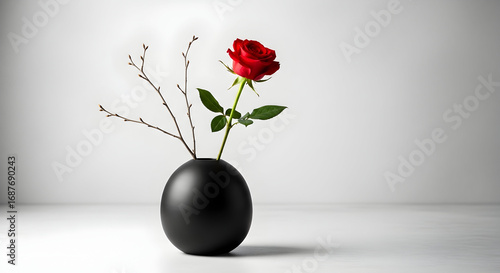 Elegant minimalist black vase with a single red rose and bare branches on a neutral background for modern floral decor and interior design