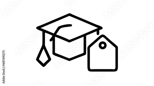 Graduation cap with price tag, representing the cost of education.