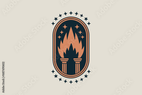 Oval emblem with two pillars supporting a flame surrounded by stars on a light background color