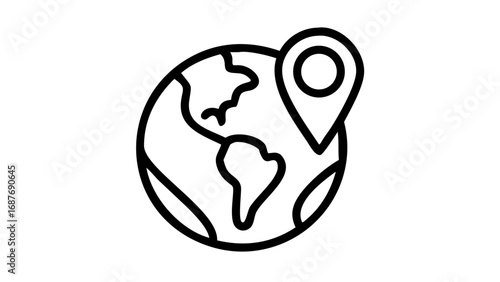 A simple black line icon of a globe with a location pin, representing global positioning and travel.