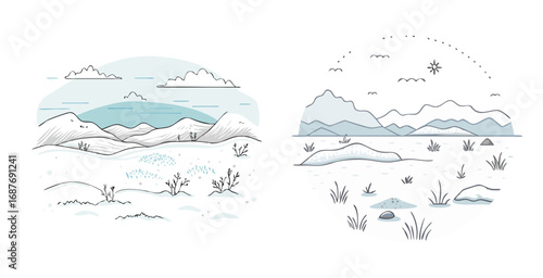 Arctic tundra scene with rolling snow covered vector art design illustration