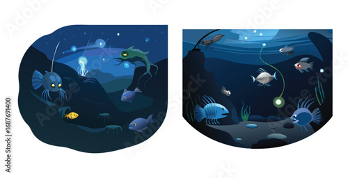 Deep ocean abyss scene with bioluminescent creatures vector art design illustration