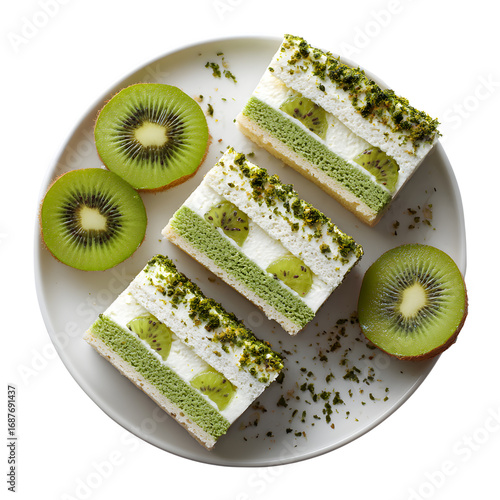 Kiwi sponge cake slices with whipped cream, tropical fruit dessert with green layers and seeds, elegant presentation, flat lay cake photo with clean minimal white background