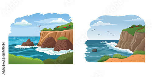 Dramatic coastal cliff shoreline with rugged rock vector art design illustration