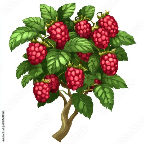Sweet and ripe raspberries with green leaves on a healthy plant branch