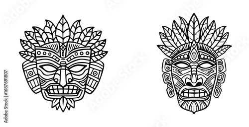 Intricate amazonian tribal mask design line art style vector design illustration
