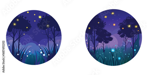 Nighttime forest scene filled with glowing fireflies vector art design illustration