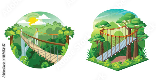 Suspension bridge canopy walk in a dense rainforest vector art design illustration