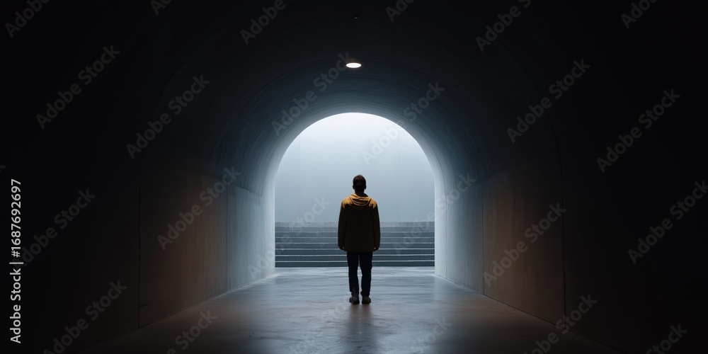 Obraz premium Silhouette of a young asian male in tunnel with distant light