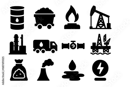 Fossil Fuel Icons. Solid style icons of fossil fuels: oil barrel, coal cart, gas flame, oil pump jack, refinery plant, fuel truck,
