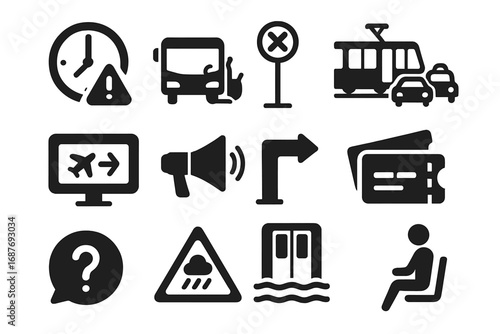 Transport Delay Icons. Solid style icons of transport delays and disruptions: clock with alert, bus broken down, rail closed sign,