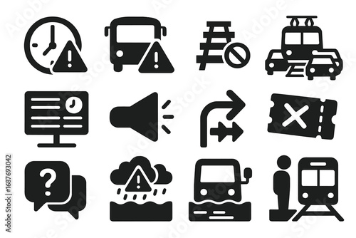 Transport Delay Icons. Solid style icons of transport delays and disruptions: clock with alert, bus broken down, rail closed sign,