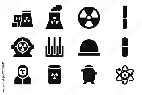 Nuclear Energy Icons. Solid style icons of nuclear energy: nuclear plant, cooling tower, radiation symbol, uranium rod, nuclear