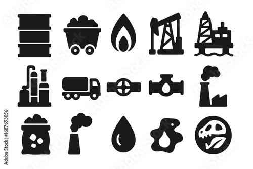 Fossil Fuel Icons. Solid style icons of fossil fuels: oil barrel, coal cart, gas flame, oil pump jack, refinery plant, fuel truck,