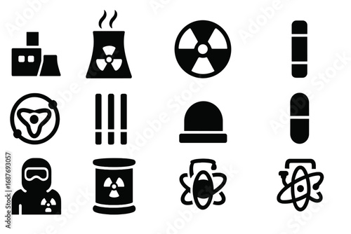 Nuclear Energy Icons. Solid style icons of nuclear energy: nuclear plant, cooling tower, radiation symbol, uranium rod, nuclear