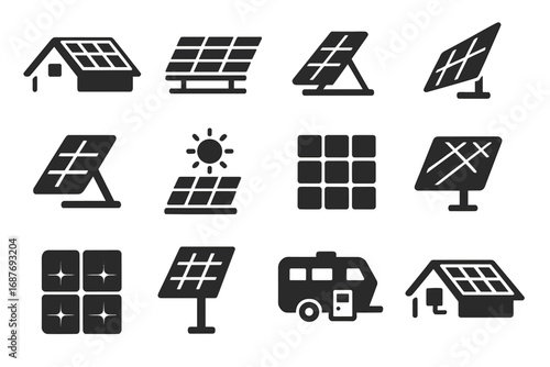 Solar Panel Icons. Solid style icons of solar panels: rooftop solar panel, ground-mounted array, solar panel tilt, angled panel