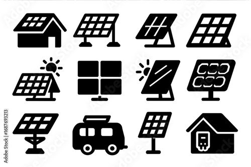 Solar Panel Icons. Solid style icons of solar panels: rooftop solar panel, ground-mounted array, solar panel tilt, angled panel
