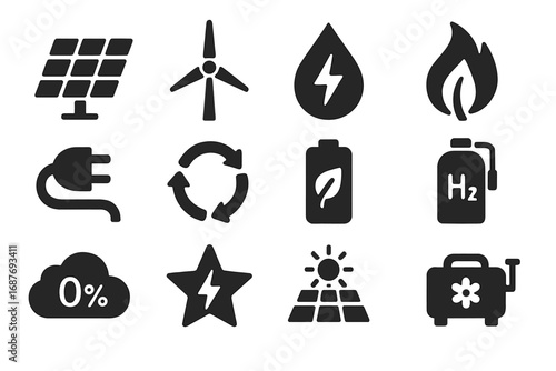 Clean Energy Icons. Solid style icons of clean energy symbols: solar panel icon, wind turbine symbol, water droplet with lightning