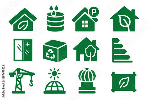 Eco-Friendly Construction Icons. Solid style icons of green construction: green roof, rainwater collection tank, passive house,