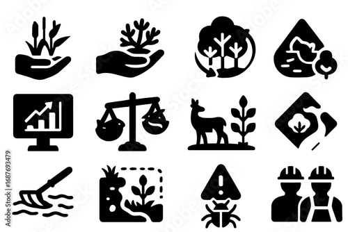 Environmental Restoration Icons. Solid style icons of environmental restoration: wetland rebuild icon, coral transplant hand,