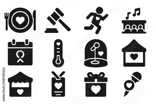 Charity Event Icons. Solid style icons of charity events: fundraising dinner plate, auction gavel icon, charity run figure,