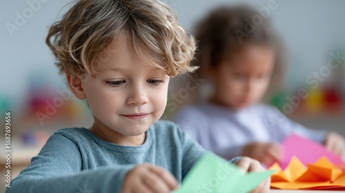 children making crafts with colorful paper, indoor creative fun