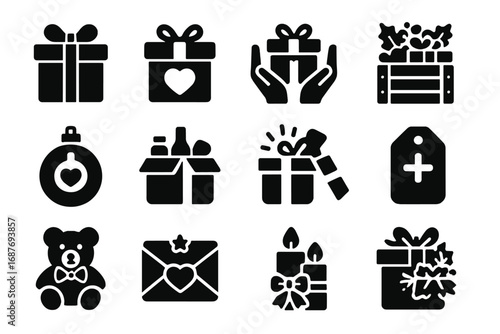 Gift Donation Icons. Solid style icons of gift donations: wrapped box with bow, present with ribbon and heart, festive donation