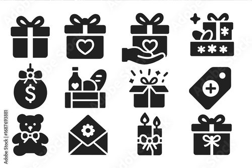 Gift Donation Icons. Solid style icons of gift donations: wrapped box with bow, present with ribbon and heart, festive donation