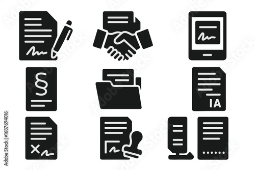 Contracts Icons Set. Solid style icons of contracts and agreements: signed paper with pen, handshake with file, digital agreement