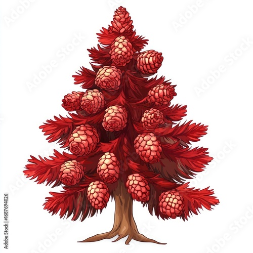 A fresh Christmas tree decorated with red berries and green leaves is isolated on a white background