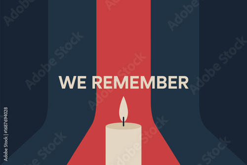 A candle flame burning brightly against a backdrop of patriotic colors with we remember text above it