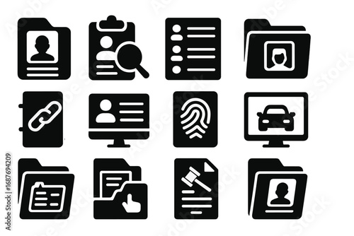 Police Database Icons. Solid style icons of police records and databases: criminal record file, background check symbol, suspect
