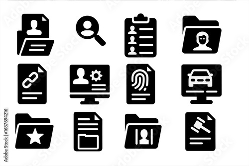 Police Database Icons. Solid style icons of police records and databases: criminal record file, background check symbol, suspect