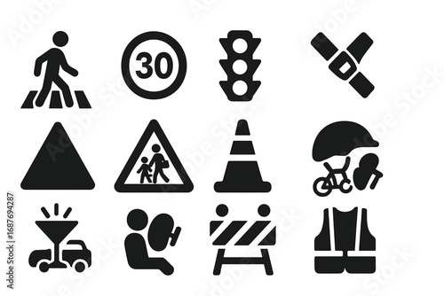 Traffic Safety Icons. Solid style icons of road and traffic safety: pedestrian crossing icon, speed limit sign, red traffic light,