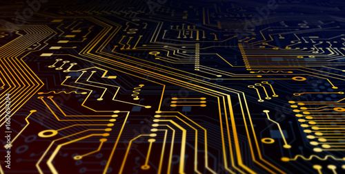 Computing technologies concept. Microelectronic circuit with gold lines, macro view. Illustration. Panorama