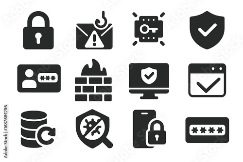 Cybersecurity Icon Collection. Solid style icons of cybersecurity safety: padlock icon, phishing alert, encrypted data symbol,