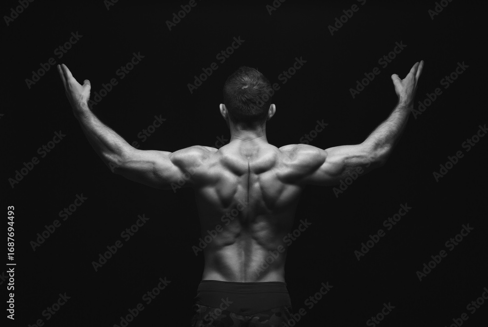 Fototapeta premium Unrecognizable man bodybuilder shows strong hands and back muscles, athletic trapezius, studio shot on black background, black and white image.