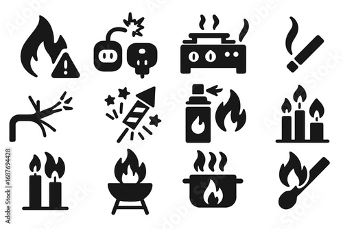 Fire Hazard Icons. Solid style icons of fire hazards: open flame with danger symbol, overloaded socket icon, unattended stove, lit
